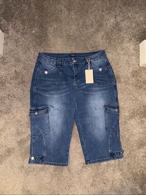 Plus Size Blue Denim Cargo Bermuda Shorts with Button Tabs